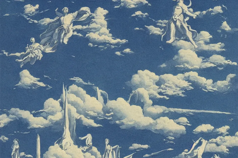 Image similar to a heaven court, floating on clouds in a bright blue sky, monumental, ordered, 1 9 7 0 s grainy vintage illustration, detailed, epic,