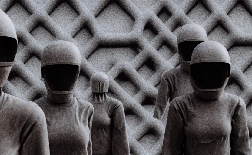 Image similar to cinestill 5 0 d photographic portrait by helen levitt of a group of android women wearing rugged black mesh techwear in a cement maze, extreme closeup, modern cyberpunk, minimalism, dust storm, 8 k, hd, high resolution, 3 5 mm, f / 3 2, ultra realistic faces, intricate detail, ex machina