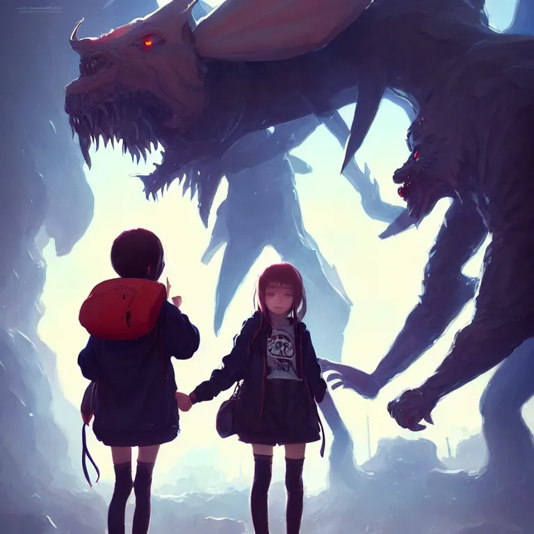 Prompt: cute young girl, wearing oversized hoodie, backpack, holding hands with a towering demonic beast, apocalyptic setting, bokeh, sharp focus, character art, illustration, digital painting, trending on artstation, by masamune shirow, by greg rutkowski.