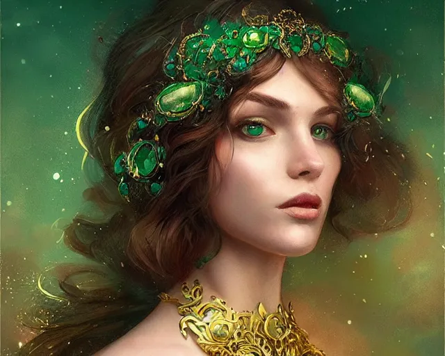 Prompt: emerald necklace suspended on elaborate gold chain, illustration, by ( kieran yanner ) ( miranda meeks ) ( anna podedworna ) ( cristi balanescu ), digital art