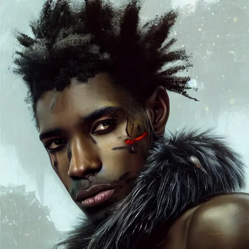 Image similar to portrait painting of a beautiful black man with cut scars and cropped hair wearing a tattered fur coat, ultra realistic, concept art, intricate details, eerie, highly detailed, photorealistic, octane render, 8 k, unreal engine. art by artgerm and greg rutkowski and charlie bowater and magali villeneuve and alphonse mucha