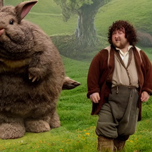 Image similar to Bartook a twenty-something hobbit with short curly dark brown hair who is slightly overweight standing next to a giant rabbit, high resolution film still, movie by Peter Jackson