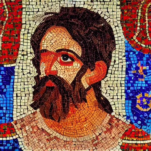 Prompt: minoan mosaic of frustated computer programmer, exquisite detail, extremely colorful