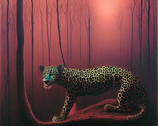 Image similar to Beksinski painting. Jaguar in a dark misty jungle, painted by Beksinski