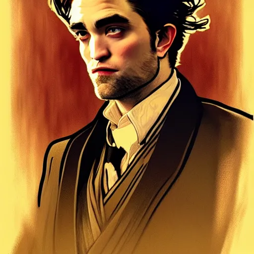 Prompt: robert pattinson as a godfather, movie poster, 4 k, highly detailed, digital painting, artstation, concept art, cinematic lighting, sharp focus, illustration, by gaston bussiere alphonse mucha