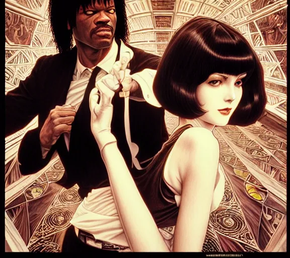 Prompt: ' pulp fiction ', beautiful shadowing, 3 d shadowing, reflective surfaces, illustrated completely, 8 k beautifully detailed pencil illustration, extremely hyper - detailed pencil illustration, intricate, epic composition, masterpiece, bold complimentary colors. stunning masterfully illustrated by artgerm, range murata, alphonse mucha.