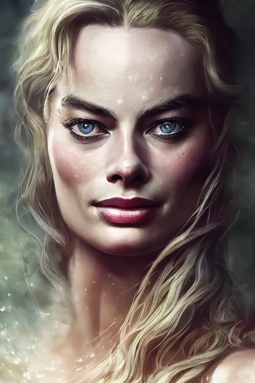 Image similar to Margot Robbie Majestic and regal portrait, Perfect face, beautiful, intricate, epic, elegant, menacing, fantasy, highly detailed, digital painting, hard focus, beautiful volumetric lighting, epic light, ultra detailed, by Leesha Hannigan, Ross Tran, Thierry Doizon, Kai Carpenter, Ignacio Fernández Ríos