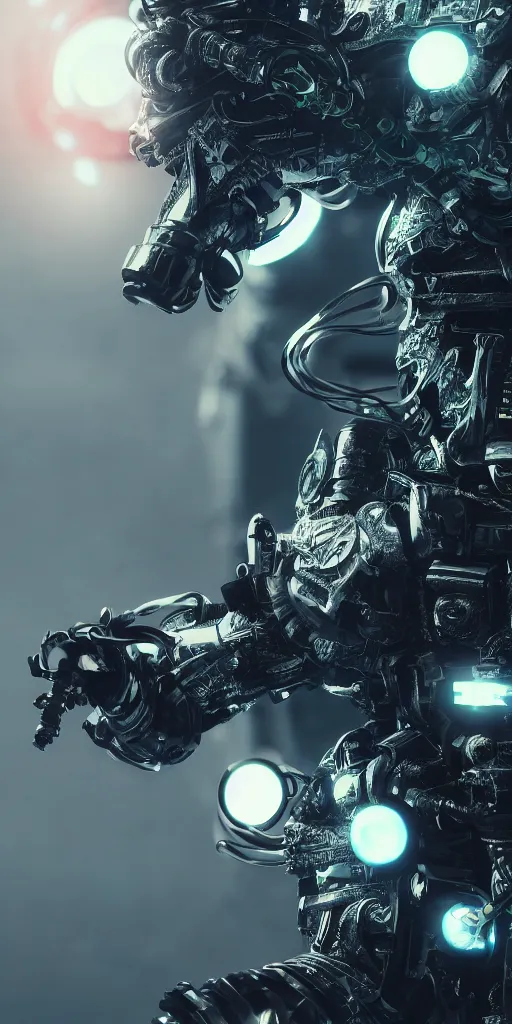 Prompt: ultra realistic and intricate detailed photograph of a cyborg samurai surrounding by neon lights, hyperrealistic, detailed, depth of field, High definition, 8k, depth of field, octane render, artstation