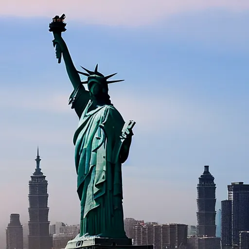 Image similar to photo of the statue of liberty as a taiwanese asian in taipei, copper cladding