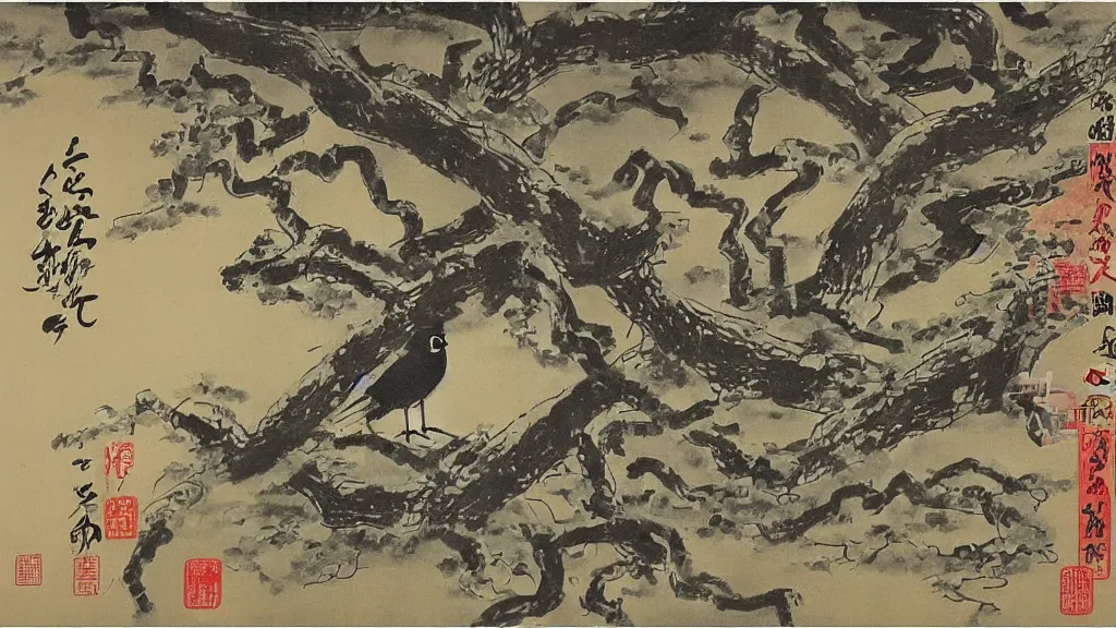 Prompt: a shui - mo painting of ‘ over a tree wreathed with vines fly evening crows, under a small bridge near a cottage a stream flows, a lean horse on bridge, sunset ’, by pan tianshou : 2