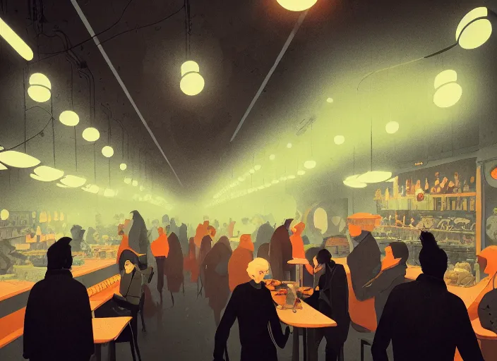 Image similar to illustrated crowded cafe interior, colorful, mads berg, karolis strautniekas, christopher balaskas, stippled light, low fog, moody, fine texture, editorial illustration, dramatic lighting, dynamic composition, detailed, matte print, muted color, ( ( victo ngai ) ), wide angle