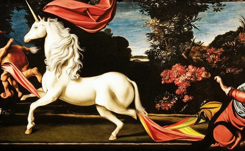 Image similar to a unicorn walking on a rainbow in the style of Caravaggio
