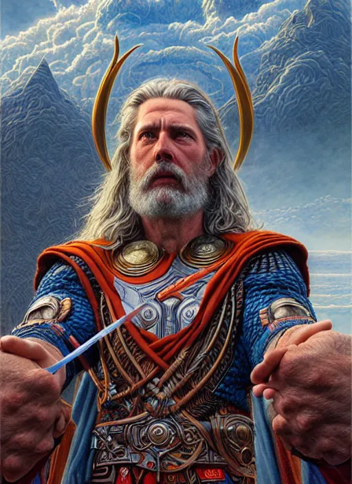 Image similar to portrait of god of thunder, hyper detailed masterpiece, mountain background, jean giraud, digital art painting, epic aesthetic, norse, artgerm, donato giancola and tom bagshaw