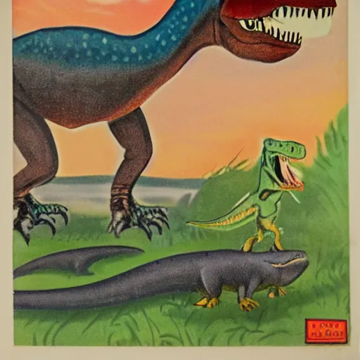 Prompt: 1940s children's book illustration of a Tyrannosaurus rex