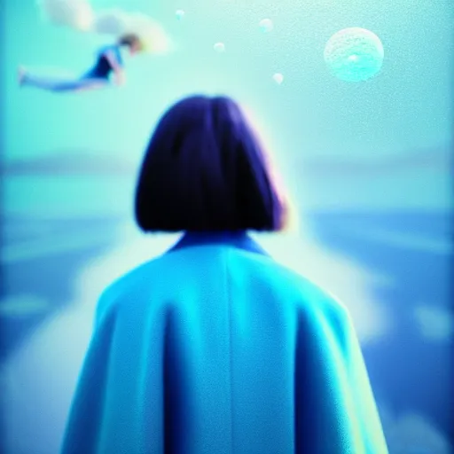 Image similar to giant droplets of water floating around a flying girl with wings, sky blue straight hair, low - angle shot from behind, blue coat, fur scarf, ultra fine detail, dark theme, realistic painting, photography, psychedelic, film still, cinematic, wlop, ilya kuvshinov, ismail inceoglu,