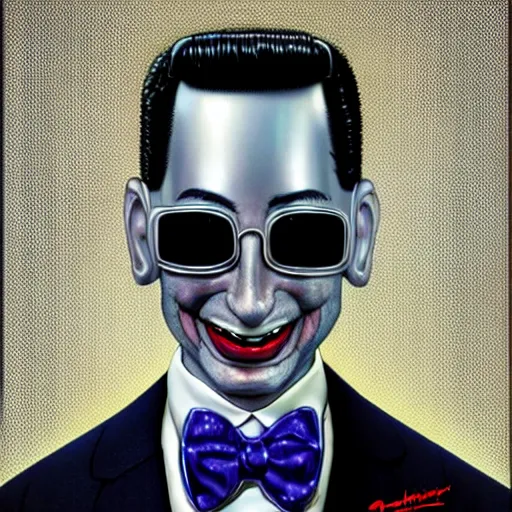 Prompt: Portrait of pee-wee herman as a chrome cyborg, highly detailed, digital painting, artstation, concept art, illustration, dramatic lighting, art by hajime sorayama