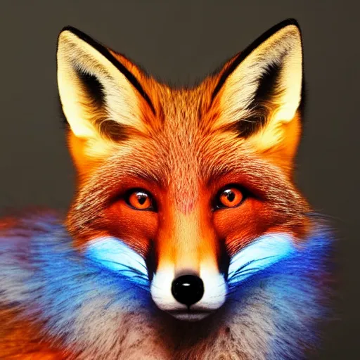 Prompt: A portrait of a surreal-looking fox with glowing blue eyes, focused, soft lighting, extremely detailed 8k, by Alexander Jannson