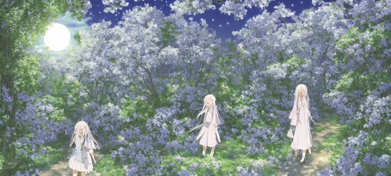 Image similar to illyasviel walking through enchanted ghibli clover | Big Moon at Blue Night | Trees with white flowers | bioluminescent blue FLOWERS | strong blue rimlit | visual-key | anime illustration | highly detailed High resolution | Light Novel | Visual Novel | In the style of Miyama-Zero, Yuuki Hagure