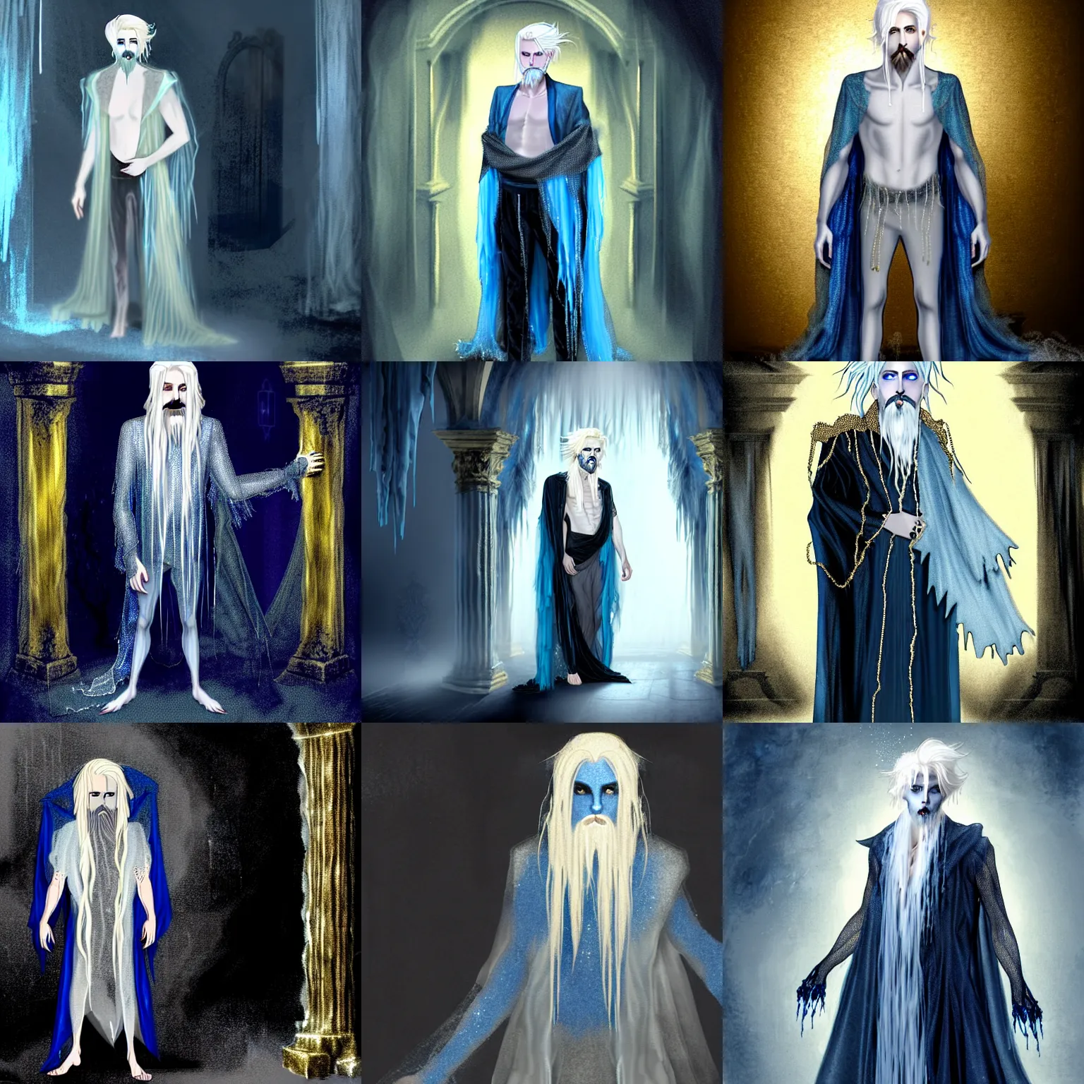 Prompt: a ghost with gold - flecked blue eyes, icy platinum blonde hair and a trimmed short beard standing 5 - foot - 4 - inches tall draped in layered, gauzy, flowing dark grey cheesecloth - like mesh garments inside the foyer of a haunted ancient mansion. fantasy concept art