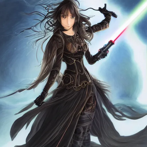 Image similar to portrait of a female Kazuto Kirigaya Kirito as young woman with brown long hair and bangs and wearing a long black coat breast-armor showing through, with light-saber, face, fantasy, intricate, elegant, highly detailed drawn by Donato Giancola and Fernanda Suarez and Artem Demura, face by Artgerm and Edmund Leighton, Alphonse Mucha, background by James Jean and Gustav Klimt, 4k, porcelain skin, komorebi, french nouveau, trending on pixiv, octane render, hyperrealistic