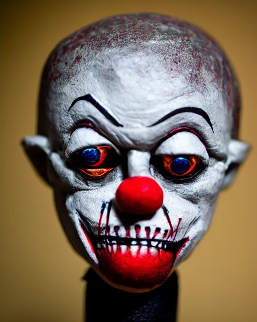 Prompt: a creepy paper mache doll of a scary clown, realistic, very detailed, complex, intricate, studio lighting, bokeh, sigma 5 0 mm f 1. 4