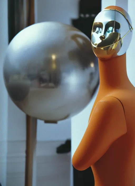 Prompt: a fashion portrait photograph of a mannequin wearing a metal mask with big spheres designed by wes anderson, 3 5 mm, color film camera, pentax