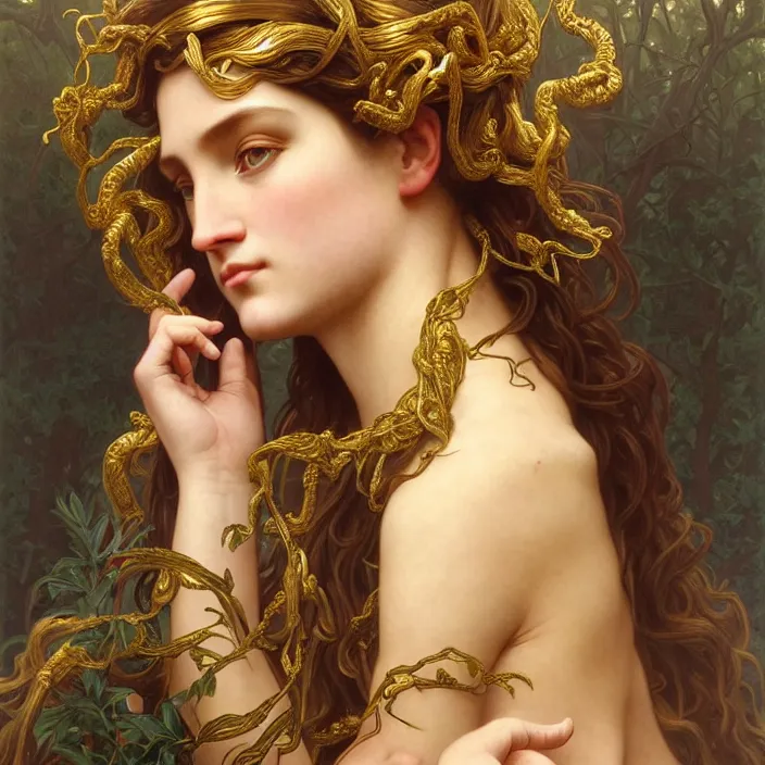 Prompt: neoclassical portrait of gaea goddess with thin gold tendrils, intricate, elegant, highly detailed, wonderful eyes, sweet, digital painting, artstation, concept art, smooth, sharp focus, illustration, art by artgerm and greg rutkowski and alphonse mucha and william - adolphe bouguereau