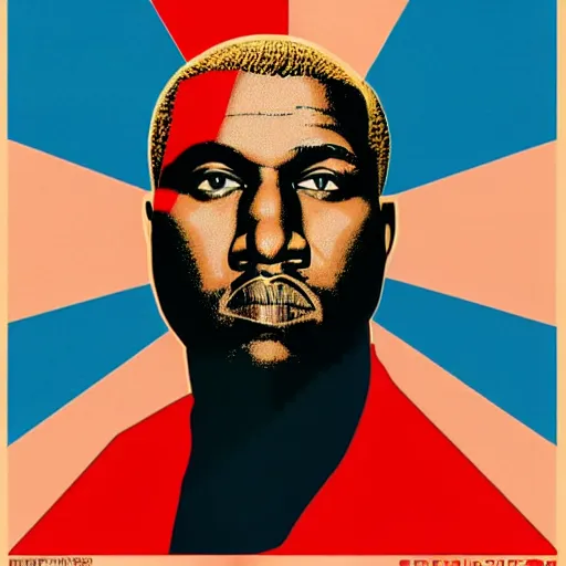 Image similar to Russian Propaganda Soviet screen-print shepard fairey illustrated poster of Kanye West as President standing in front of a USA America flag