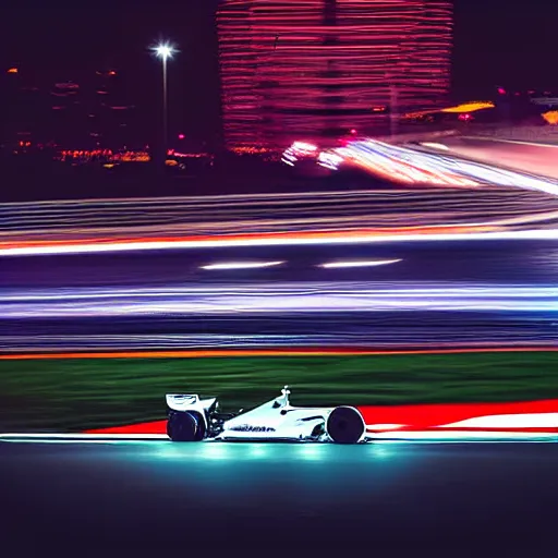 Image similar to formula 1 racing long exposure under night lights huge crowds hyperrealistic award - winning photography nikon