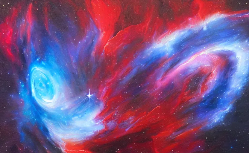 Image similar to an oil painting of a beautiful space nebula, red and blue; hyper-detailed; an extraordinary masterpiece!!!; flawless; trending on artstation