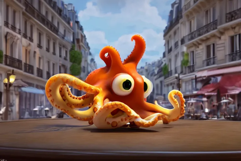 Image similar to Angry little octopus threaten with a fist when crawling out from a cup of coffee in beautiful morning café in Paris. Pixar Disney 4K 3d render funny animation movie Oscar winning trending on ArtStation and Behance. Ratatouille style