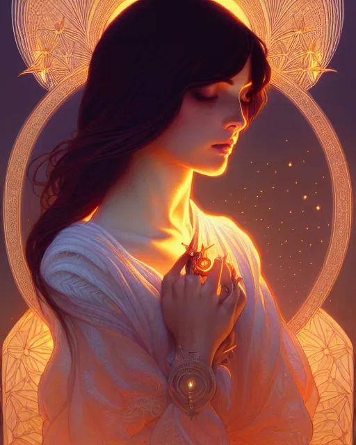 Image similar to symmetry portrait of brunette princess, glam, fae, fireflies, forest background, intricate, elegant, highly detailed, digital painting, artstation, concept art, smooth, sharp focus, illustration, art by artgerm and greg rutkowski and fra angelico and alphons mucha