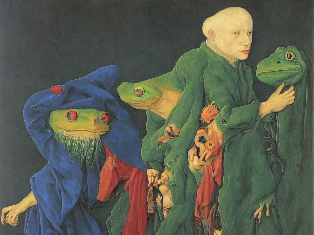 Image similar to Portrait of albino mystic with blue eyes, with beautiful exotic melancholy frog. Painting by Jan van Eyck, Audubon, Rene Magritte, Agnes Pelton, Max Ernst, Walton Ford