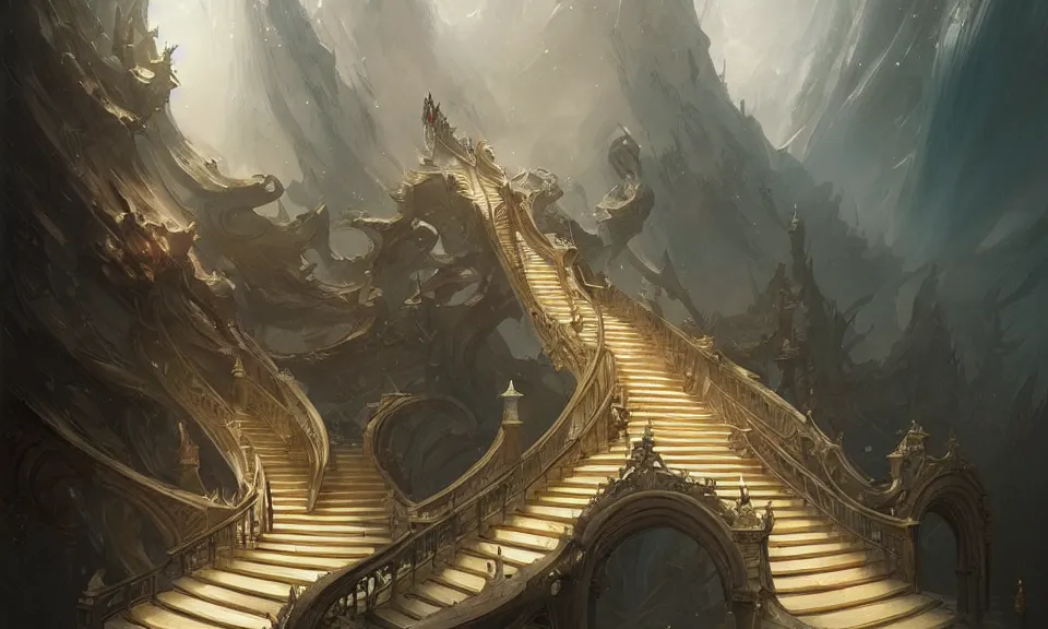 Image similar to the magnificent staircase to heaven, art by greg rutkowski and peter mohrbacher, featured in artstation, octane render, cinematic, elegant, intricate, highly detailed, fantasy, concept art, sharp focus, illustration, 8 k