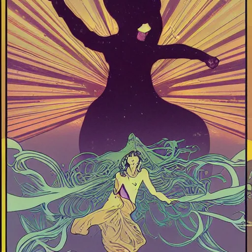 Image similar to a woman leaving her body, astral projection, astral travel, space background, cinematic, detailed, very realistic, by Alphonse Mucha, Moebius, Laurie Greasley