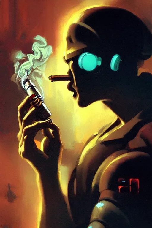 Prompt: An android smoking a single cigar in a cyberpunk setting, by Frank Frazetta, dramatic lighting, high contrast colours, as trending on Artstation, highly detailed,