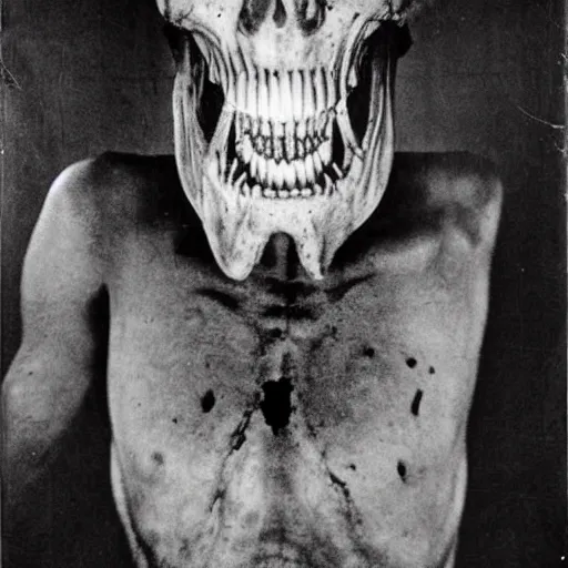 Prompt: horrifying, killer, creepy, dead, monster, tall, skinny, open mouth, old photo, dark