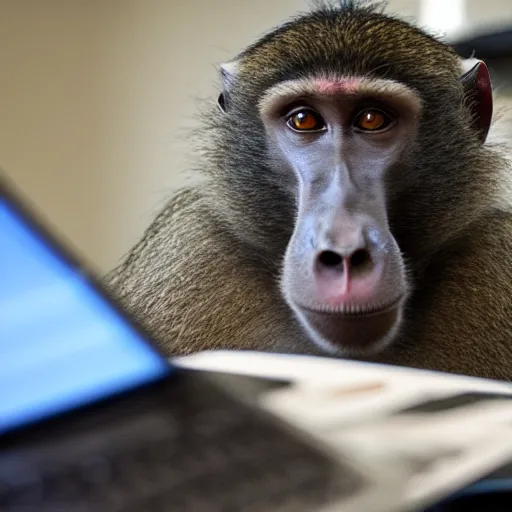 Image similar to a baboon programming, in the office