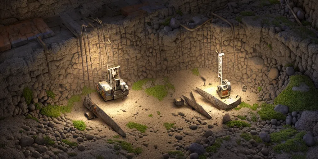 Image similar to hyperrealistic mixed media painting of an underground mine and mineshaft with metal ore visible in the rocky wall and a pickaxe laying on the ground, stunning 3d render inspired art by P. Craig Russell and Barry Windsor-Smith + dim volumetric lighting, dizzy, full body, 8k octane beautifully detailed render, post-processing, extremely hyperdetailed, intricate, epic composition, grim yet sparkling atmosphere, cinematic lighting + masterpiece, trending on artstation, very very detailed, masterpiece, stunning