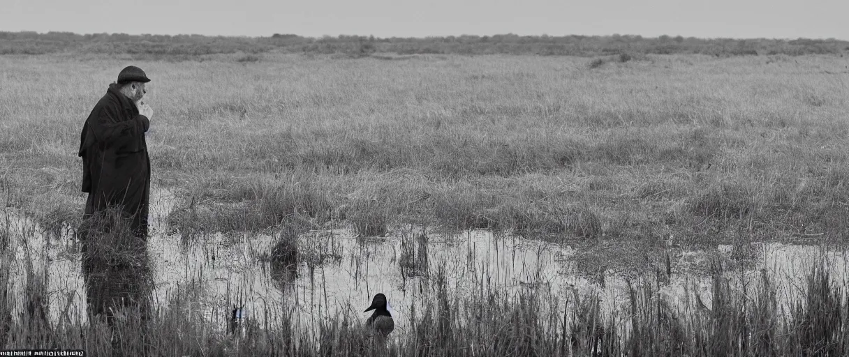 Image similar to revealed, underlined in a sudden gust of wind the profile of a man raises under the moon uncovered and tiny, overlooking the fen water meadowlands and small shot for the ducks he walks in the mud, moves aside the reeds no clapping of wings, no motions around just the singing wind in an ominous silence