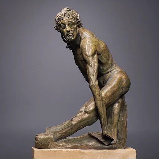 Image similar to long shot photo of a soapstone Art Deco statue Hades wearing a tunic, long pants,Cerberus on his side,sculped by Paul Landowski,Jean Dupas, Tamara de Lempicka, Reginald Marsh, Rockwell Kent, and Diego Rivera,beared,long shot,wide shot,low angle,Sigma 85 mm,very detailed,unreal-engine,city in the background