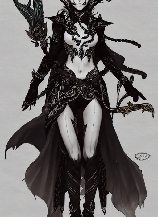 Image similar to Full body portrait of a lively young beautiful elven female in ornate rogue attire. In style of Yoji Shinkawa and Hyung-tae Kim, trending on ArtStation, dark fantasy, great composition, concept art, highly detailed, dynamic pose.