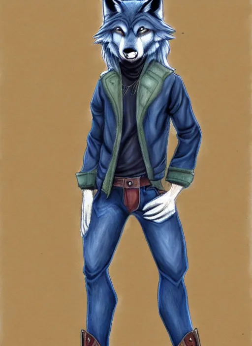 Prompt: expressive stylized master furry artist digital colored pencil painting full body portrait character study of the wolf small head fursona animal person wearing clothes jacket and jeans by master furry artist blotch