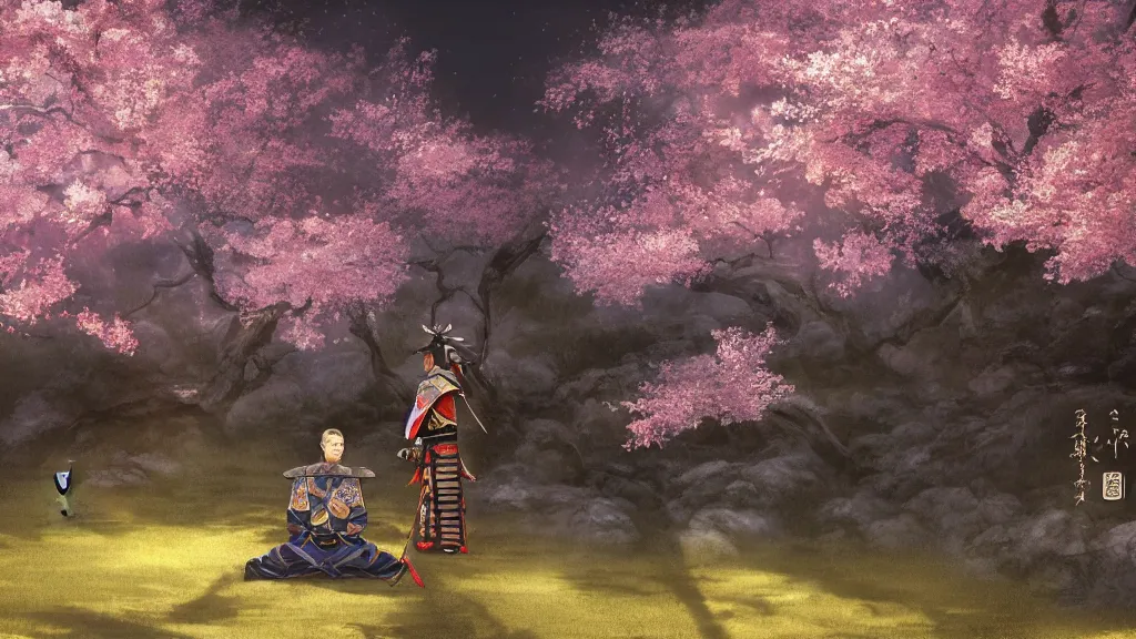 Image similar to beautiful japanese painting of an armoured samurai meditating under a blossom tree, realistic, digital painting, concept art, matte painting, cinematic night lighting, 8 k, highly detailed, detailed terrain