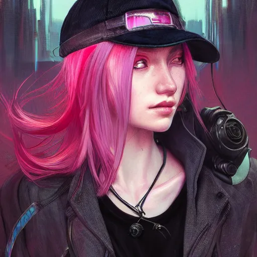 Prompt: Ultra realistic illustration, woman with pink hair and black cap cyberpunk, sci-fi, fantasy, intricate, elegant, highly detailed, digital painting, artstation, concept art, smooth, sharp focus, illustration, art by artgerm and greg rutkowski and alphonse mucha