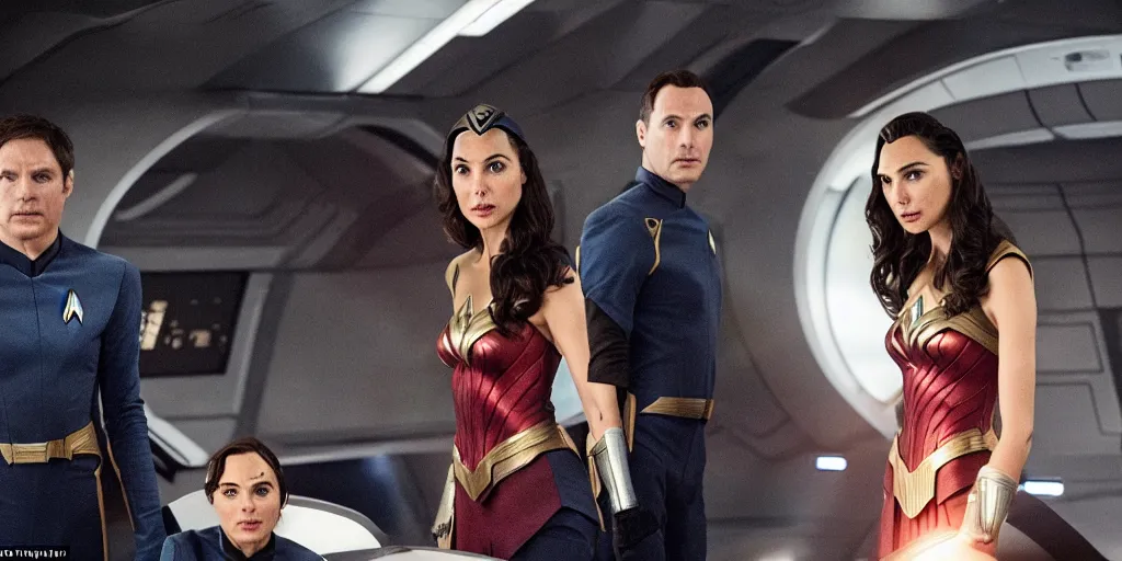 Image similar to Gal Gadot, in full starfleet uniform, is the captain of the starship Enterprise in the new Star Trek movie