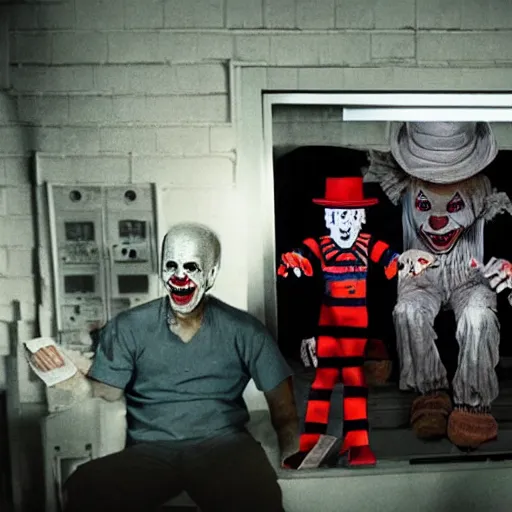 Prompt: freddy krueger, pennywise and joe biden turning on a printing machine for dollars, photo portrait, hyper realism, creepy photo, symmetry, awesome exposition, documental cnn movie, very detailed, highly accurate, professional lighting diffracted lightrays, 8 k, sense of awe
