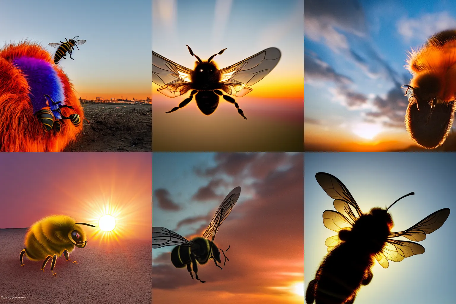 Prompt: a dramatically lit brightly colored detailed enormous angry bee with thick long wavy fur flying right at the camera a sunrise in the background in Algeria Sigma 85 mm f/1.4