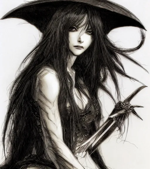 Prompt: portrait of anime succubus with long hair wearing a witch hat, praying, pen and ink, intricate line drawings, by craig mullins, ruan jia, kentaro miura, greg rutkowski, loundraw