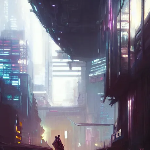 Prompt: a wanderer in a cyberpunk city, megastructure in the background, night, dramatic lighting, chiaroscuro, high detail, painted by greg rutkowski, painted by igor kieryluk, painted by raymond swanland, painted by jeremy mann, trending on artstation